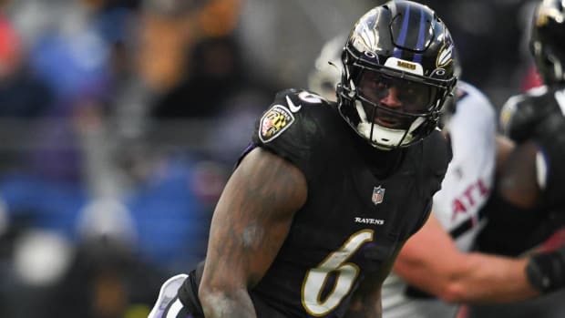 Ravens linebacker Patrick Queen looks on in a game vs. the Falcons.